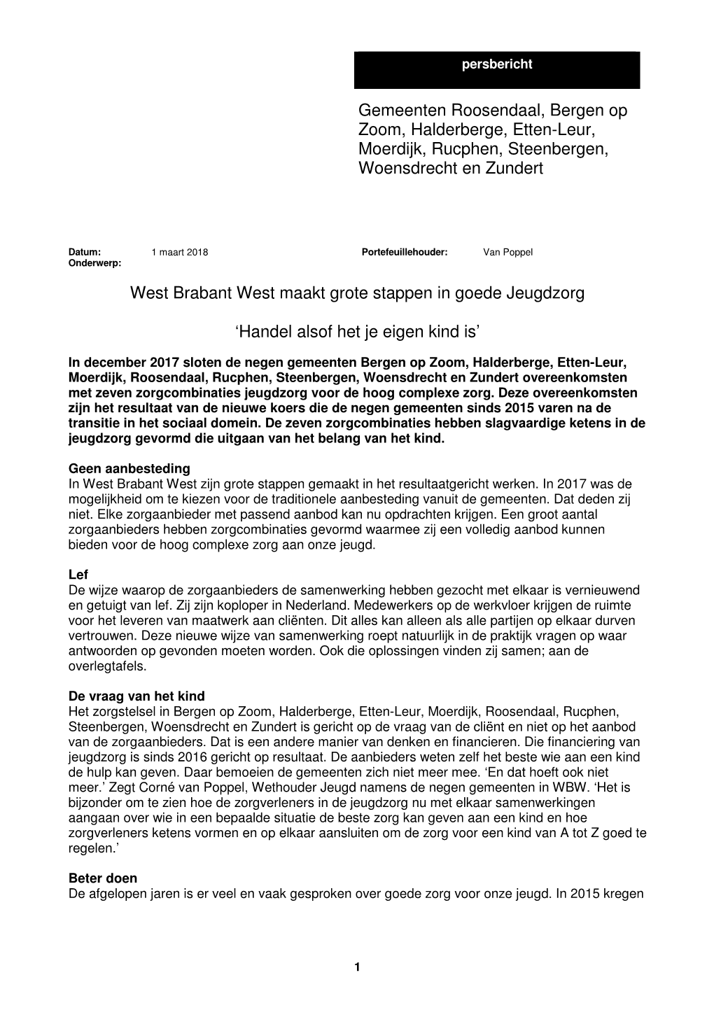 Gemeenten Roosendaal, Bergen Op Zoom, Halderberge, Etten-Leur, Moerdijk, Rucphen, Steenbergen, Woensdrecht En Zundert