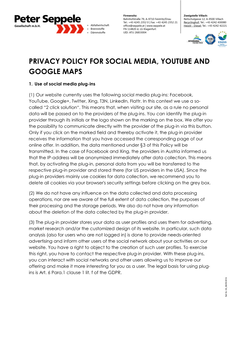 Privacy Policy for Social Media, Youtube and Google Maps