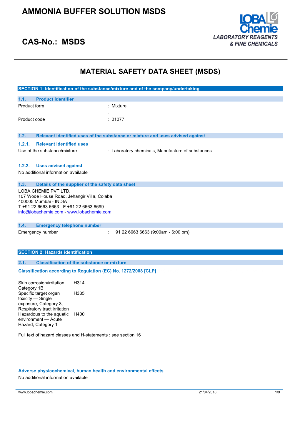 AMMONIA BUFFER SOLUTION MSDS CAS-No