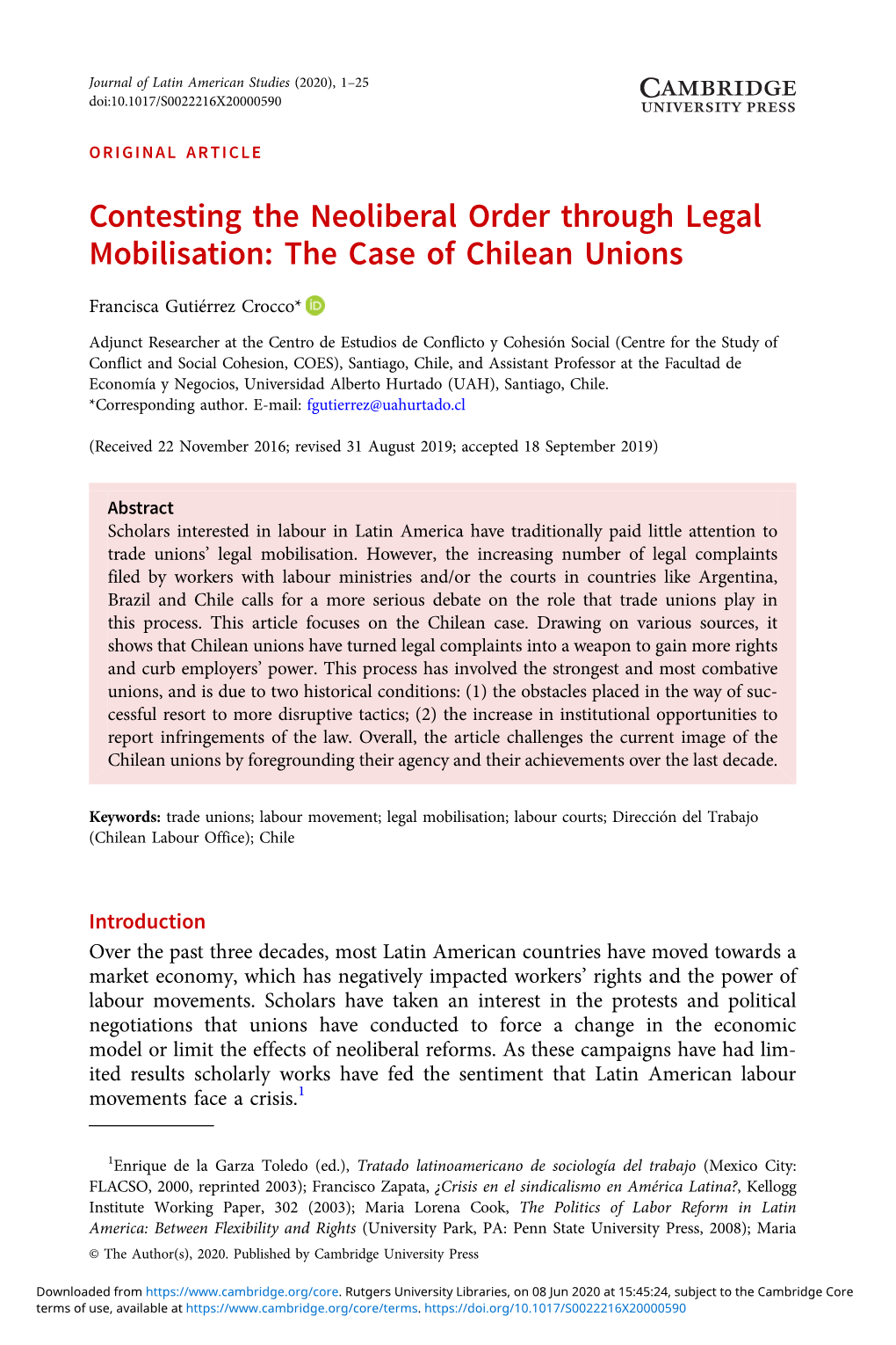 Contesting the Neoliberal Order Through Legal Mobilisation: the Case of Chilean Unions