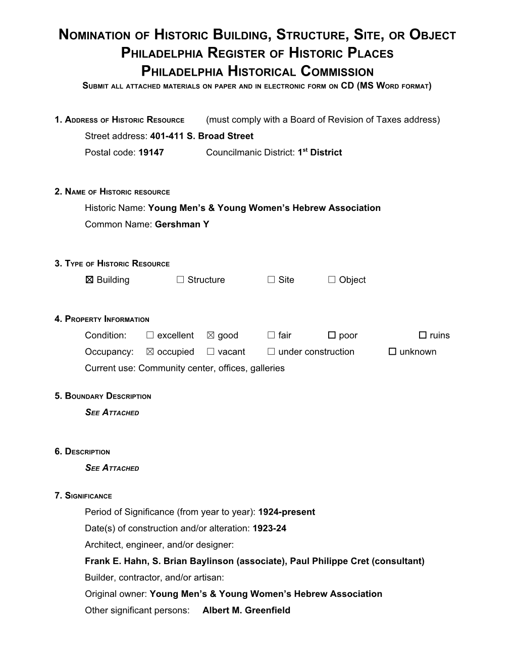 Nomination of Historic Building, Structure, Site, Or