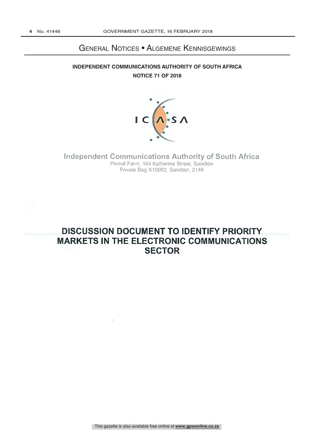 Independent Communications Authority of South Africa Act: Discussion Document to Identify Priority Markets in Electronic Communi