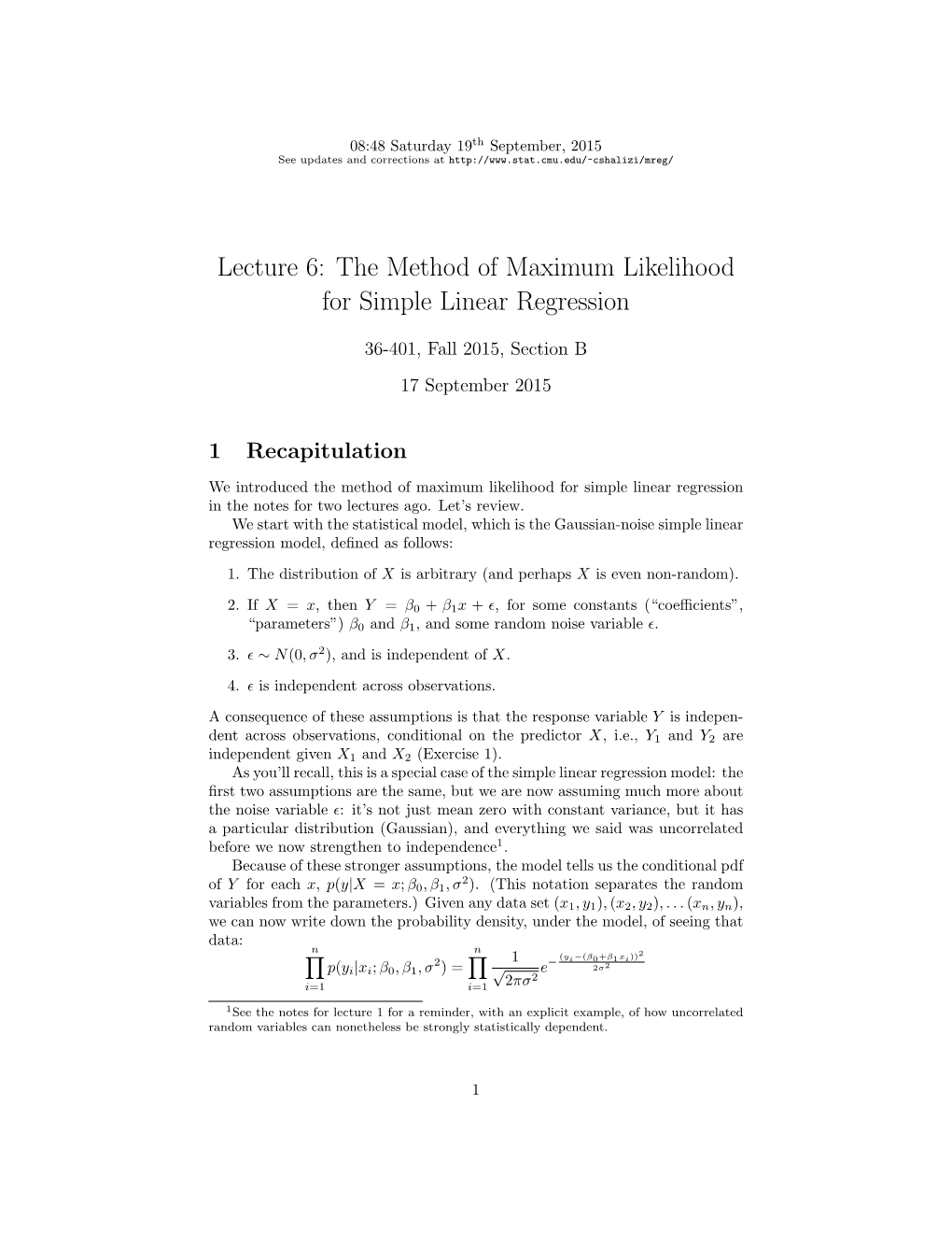 The Method of Maximum Likelihood for Simple Linear Regression