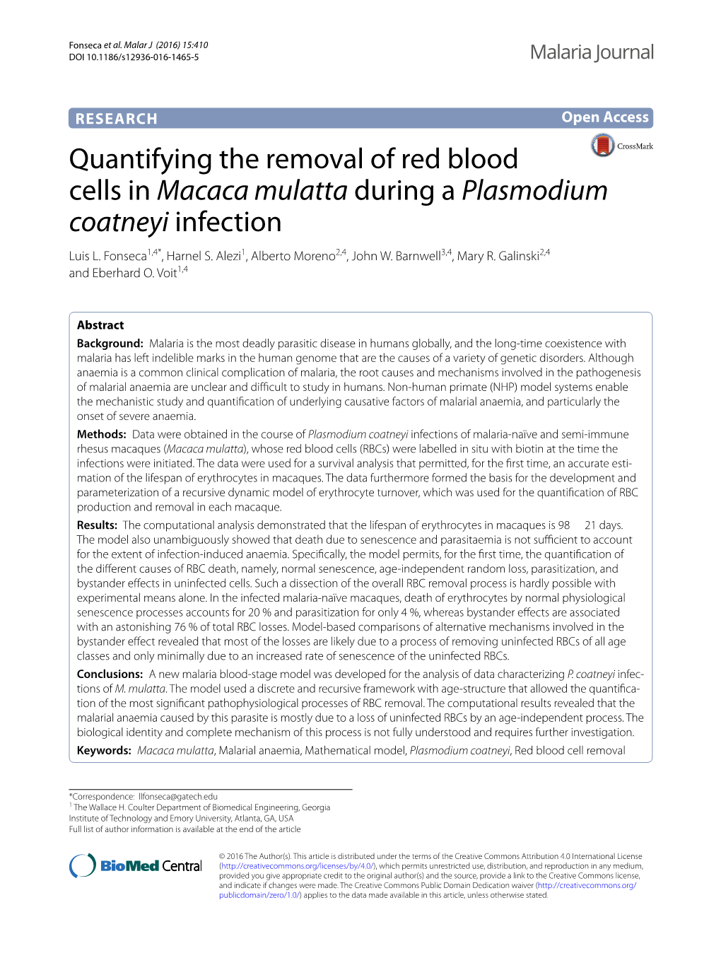 Quantifying the Removal of Red Blood Cells in Macaca Mulatta During a Plasmodium Coatneyi Infection Luis L