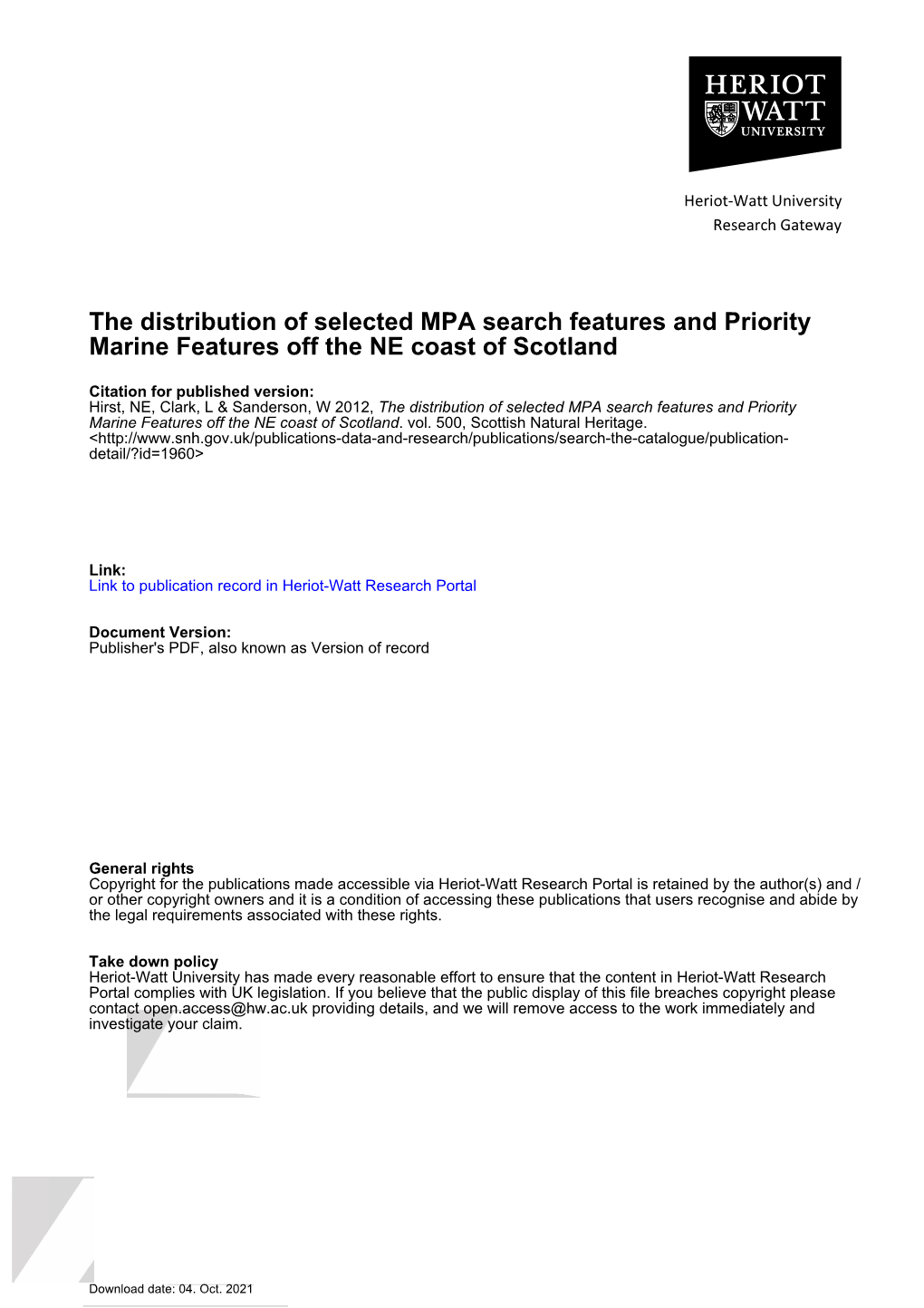 The Distribution of Selected MPA Search Features and Priority Marine Features Off the NE Coast of Scotland