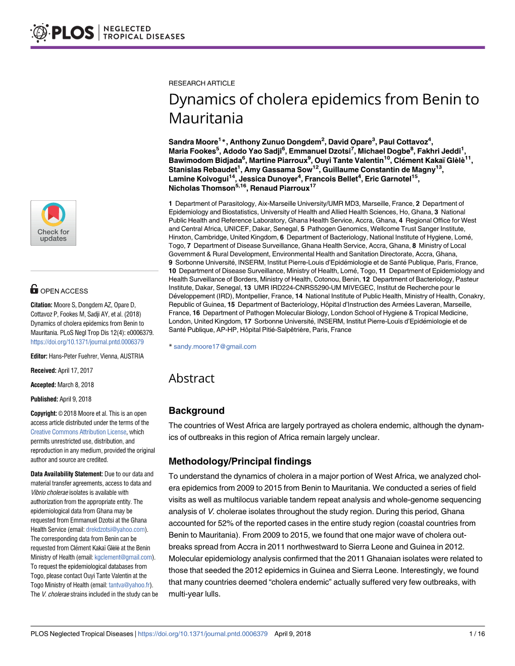 Dynamics of Cholera Epidemics from Benin to Mauritania