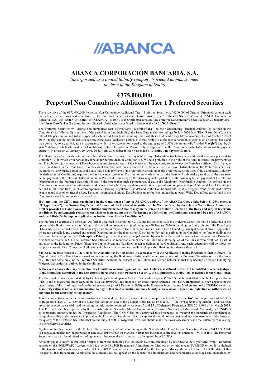 ABANCA CORPORACIÓN BANCARIA, S.A. €375,000,000 Perpetual Non-Cumulative Additional Tier 1 Preferred Securities