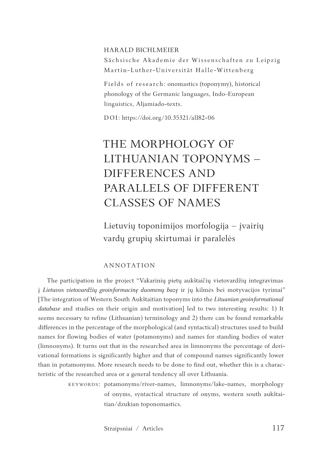 The Morphology of Lithuanian Toponyms – Differences and Parallels of Different Classes of Names