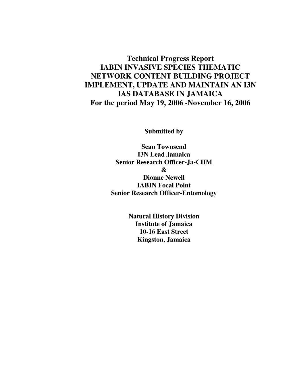 Technical Progress Report IABIN INVASIVE SPECIES THEMATIC