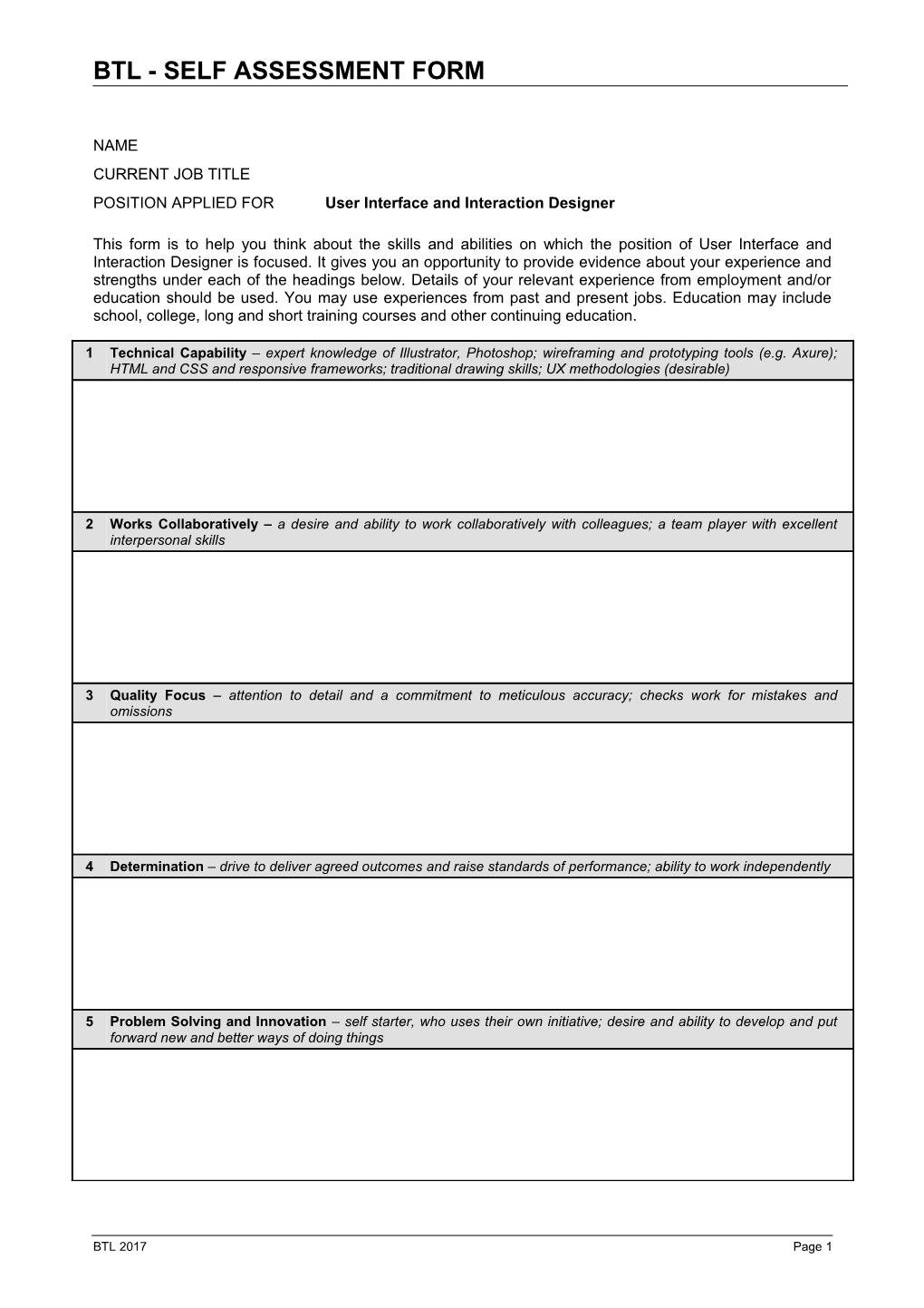 Development Centre Self Assessment Form