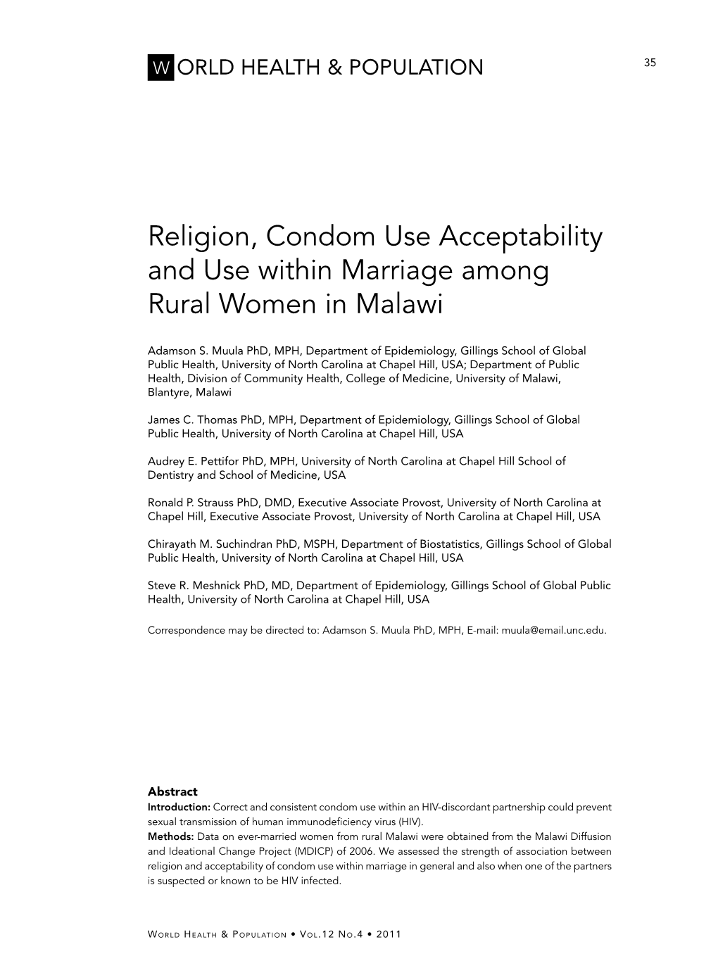 Religion, Condom Use Acceptability and Use Within Marriage Among Rural Women in Malawi