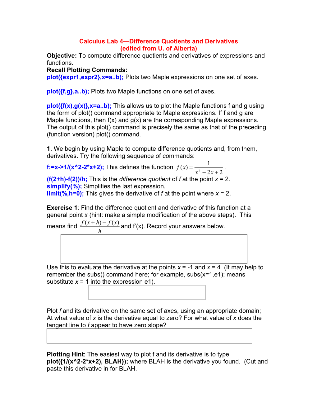 Calculus Lab 4—Difference Quotients and Derivatives (Edited from U. Of