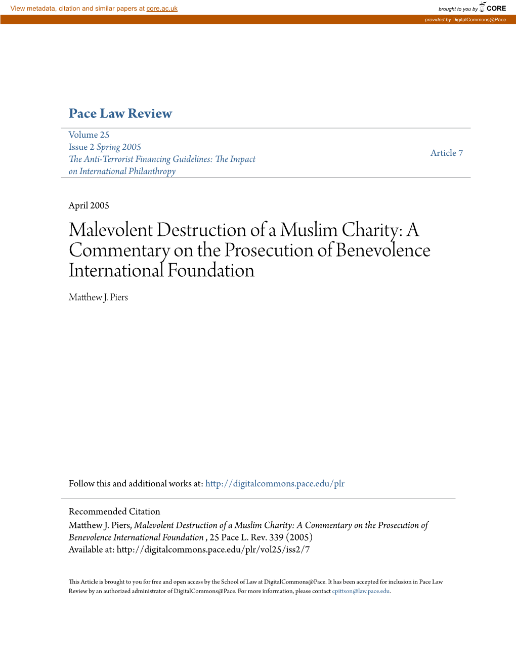 A Commentary on the Prosecution of Benevolence International Foundation Matthew .J Piers