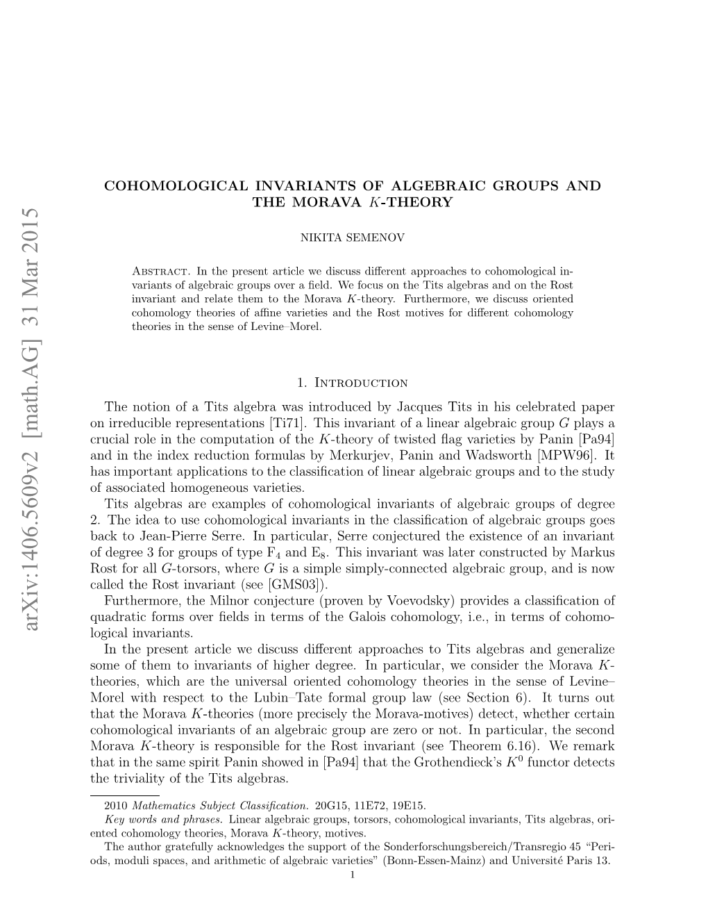 Cohomological Invariants of Algebraic Groups and the Morava K-Theory