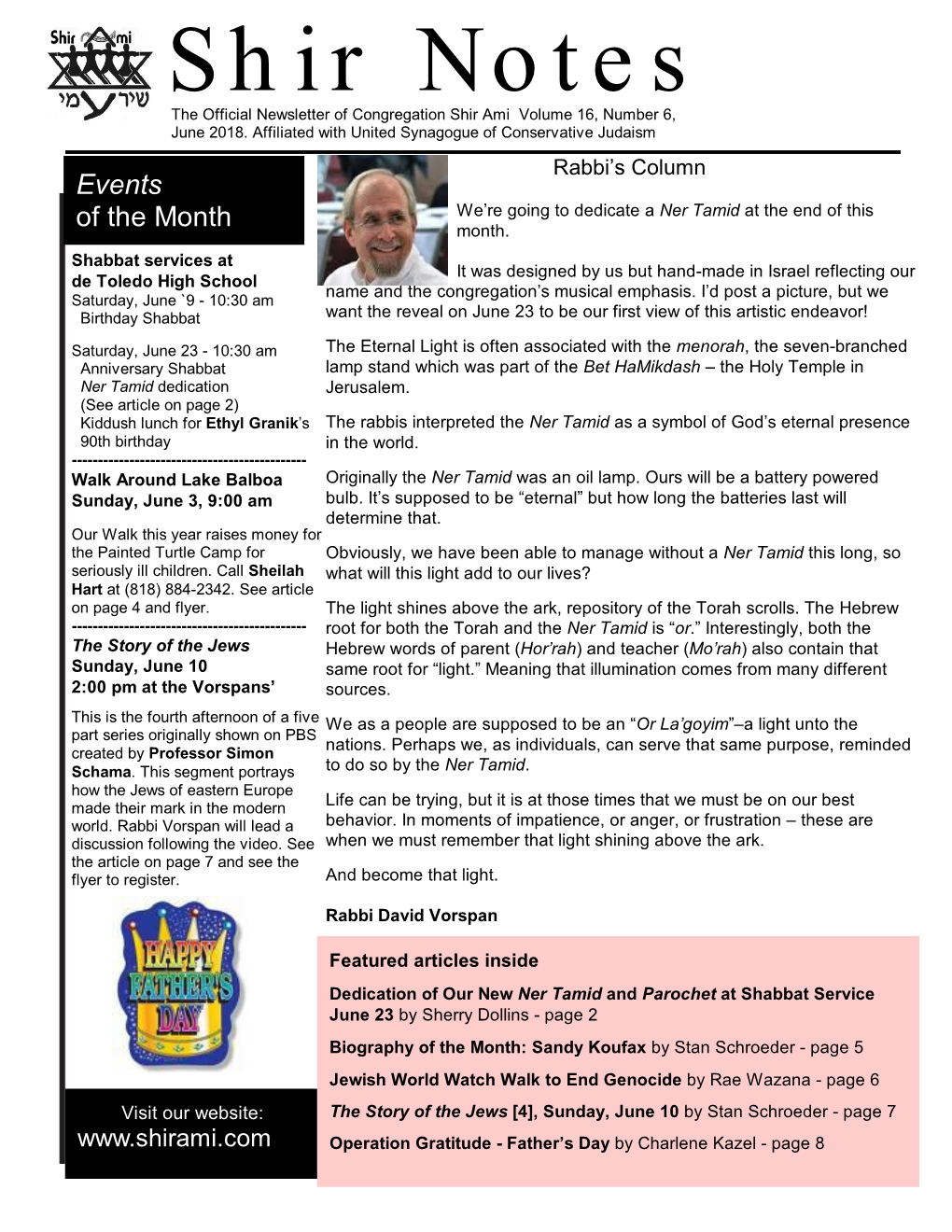 Shir Notes the Official Newsletter of Congregation Shir Ami Volume 16, Number 6, June 2018