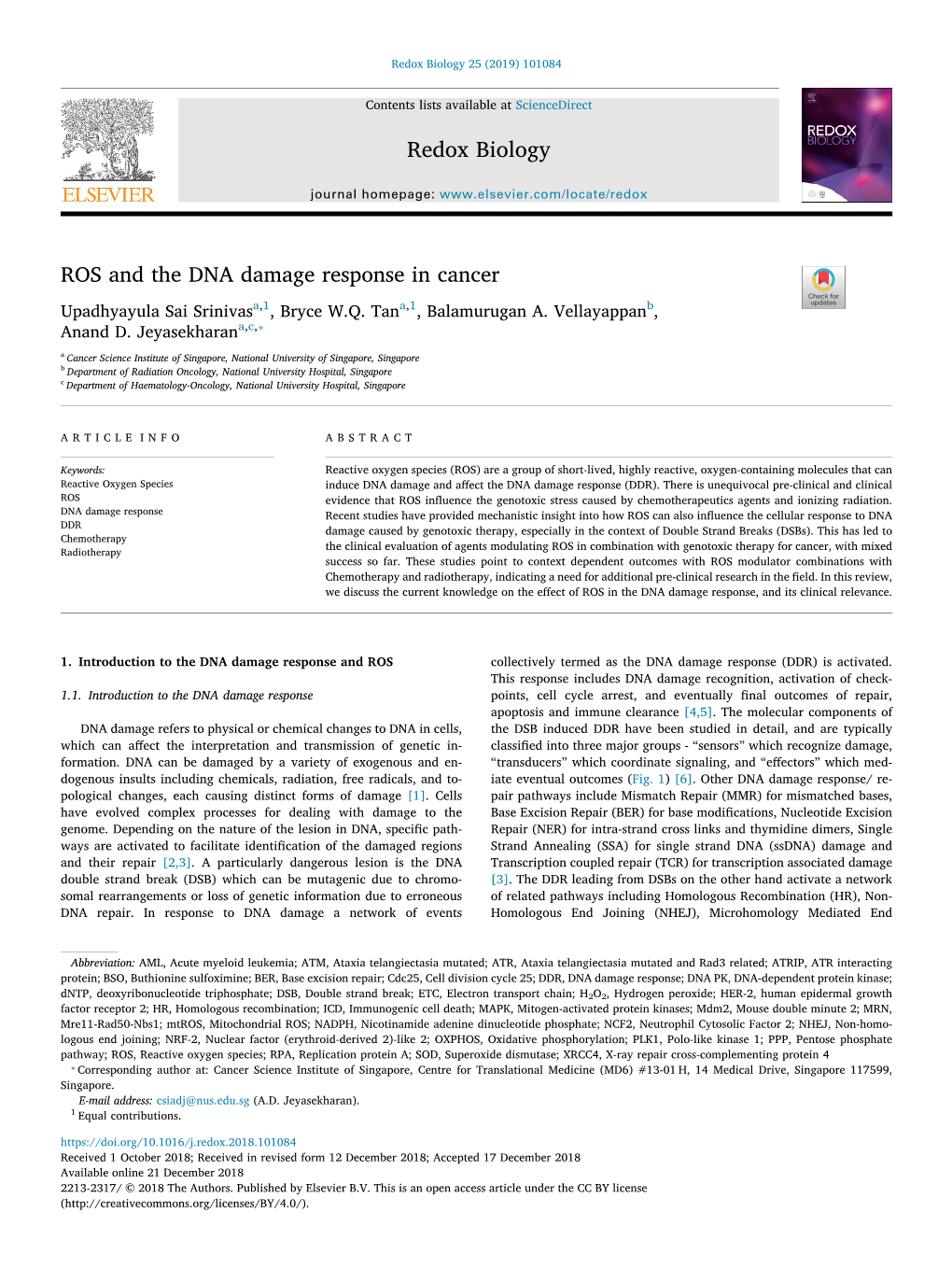 ROS and the DNA Damage Response in Cancer T Upadhyayula Sai Srinivasa,1, Bryce W.Q