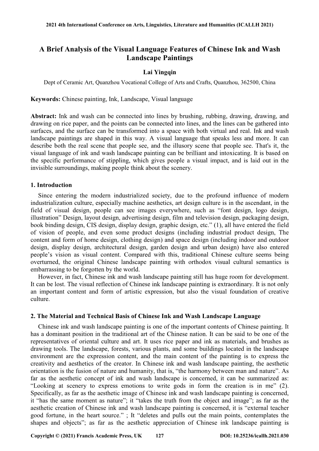 A Brief Analysis of the Visual Language Features of Chinese Ink and Wash Landscape Paintings