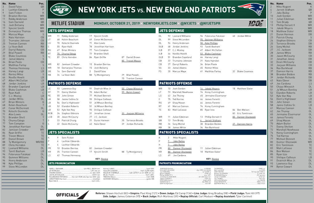 New York Jets Vs. New England Patriots