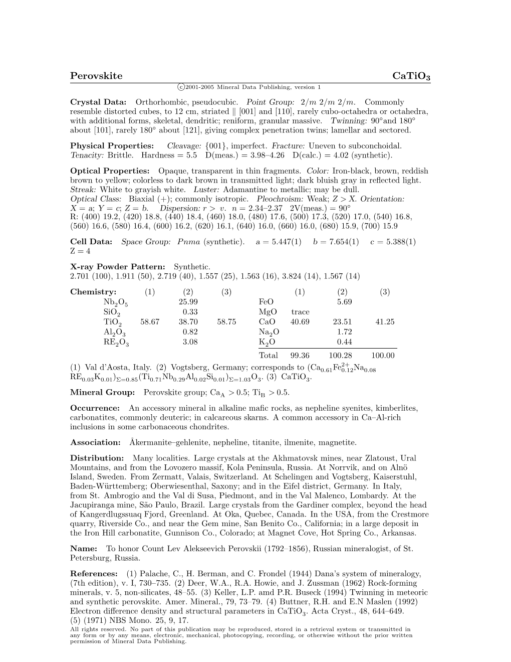 Perovskite Catio3 C 2001-2005 Mineral Data Publishing, Version 1 Crystal Data: Orthorhombic, Pseudocubic