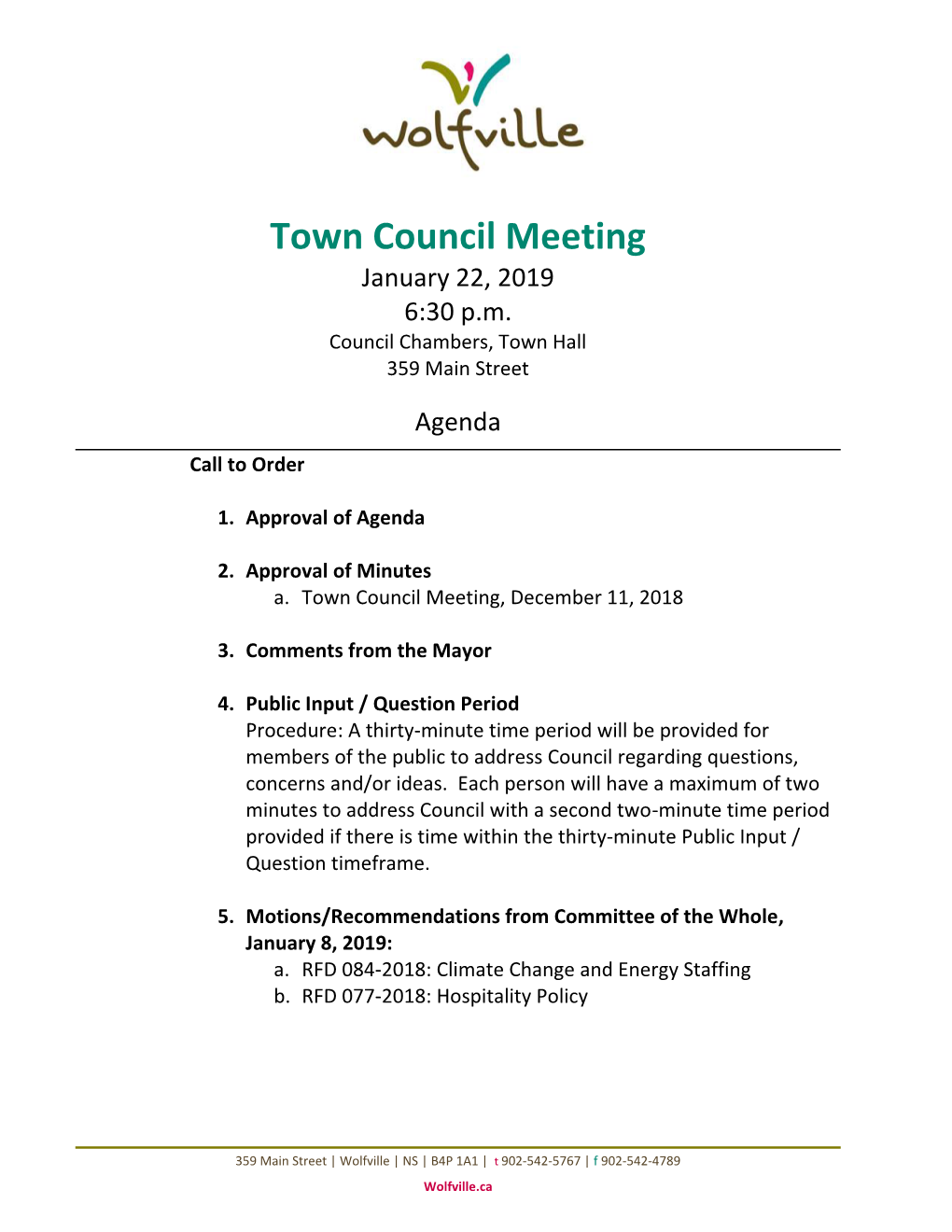 Town Council Meeting January 22, 2019 6:30 P.M