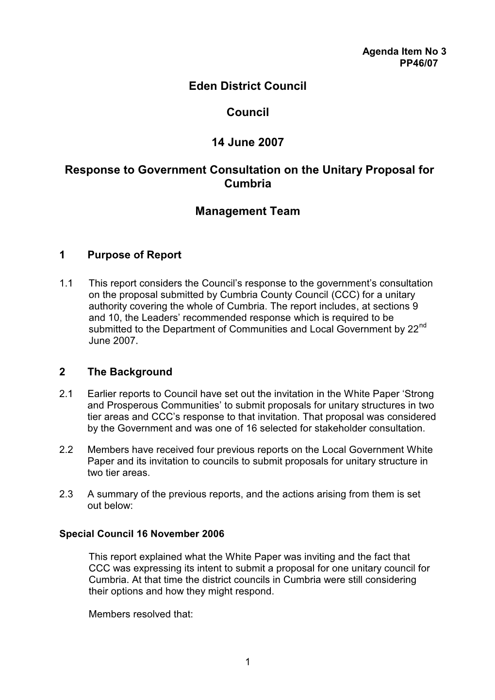 Response to Government Consultation on the Unitary Proposal for Cumbria