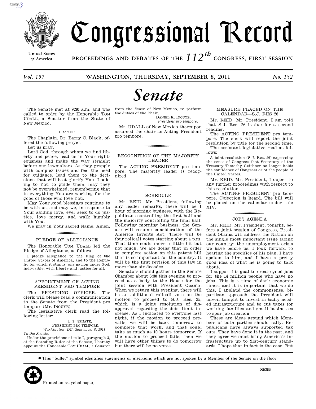 Congressional Record United States Th of America PROCEEDINGS and DEBATES of the 112 CONGRESS, FIRST SESSION