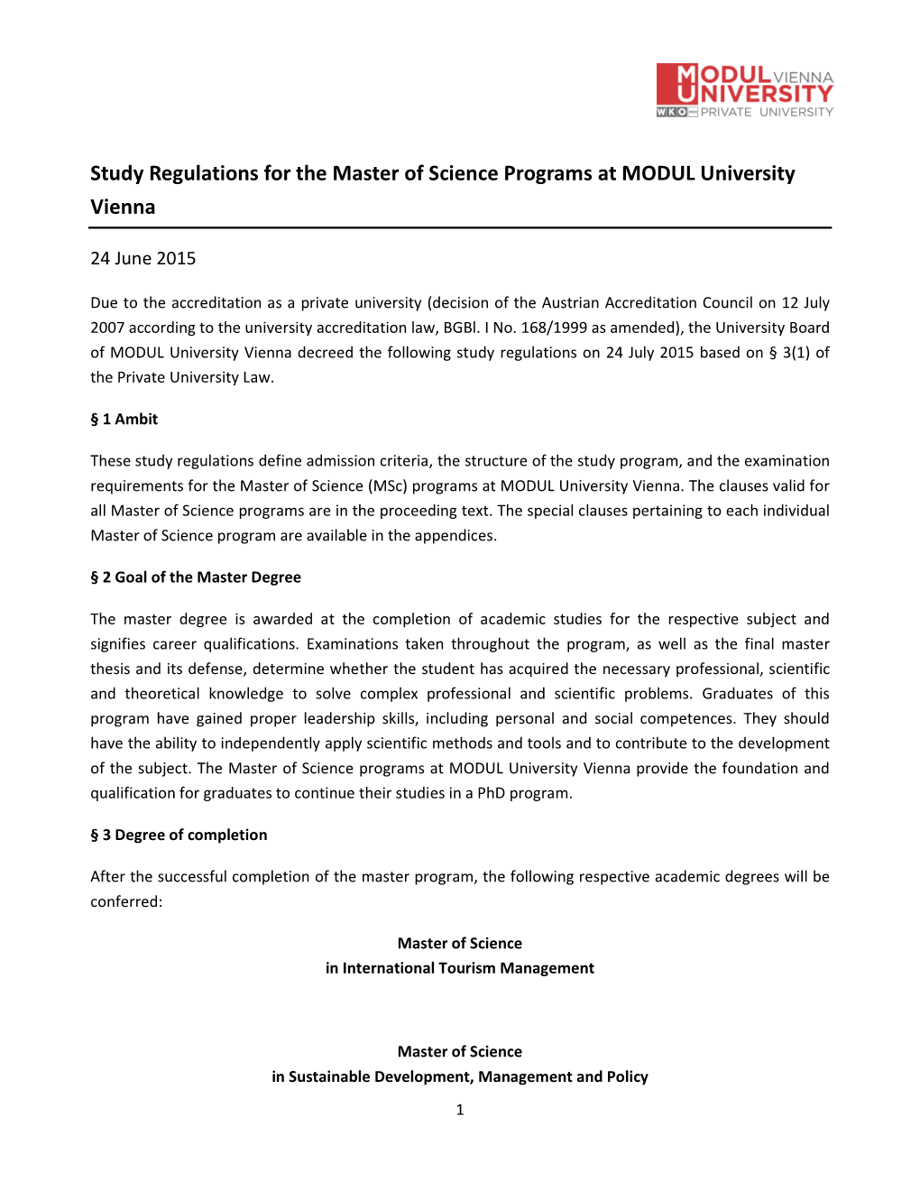 Study Regulations for the Master of Science Programs at MODUL University Vienna