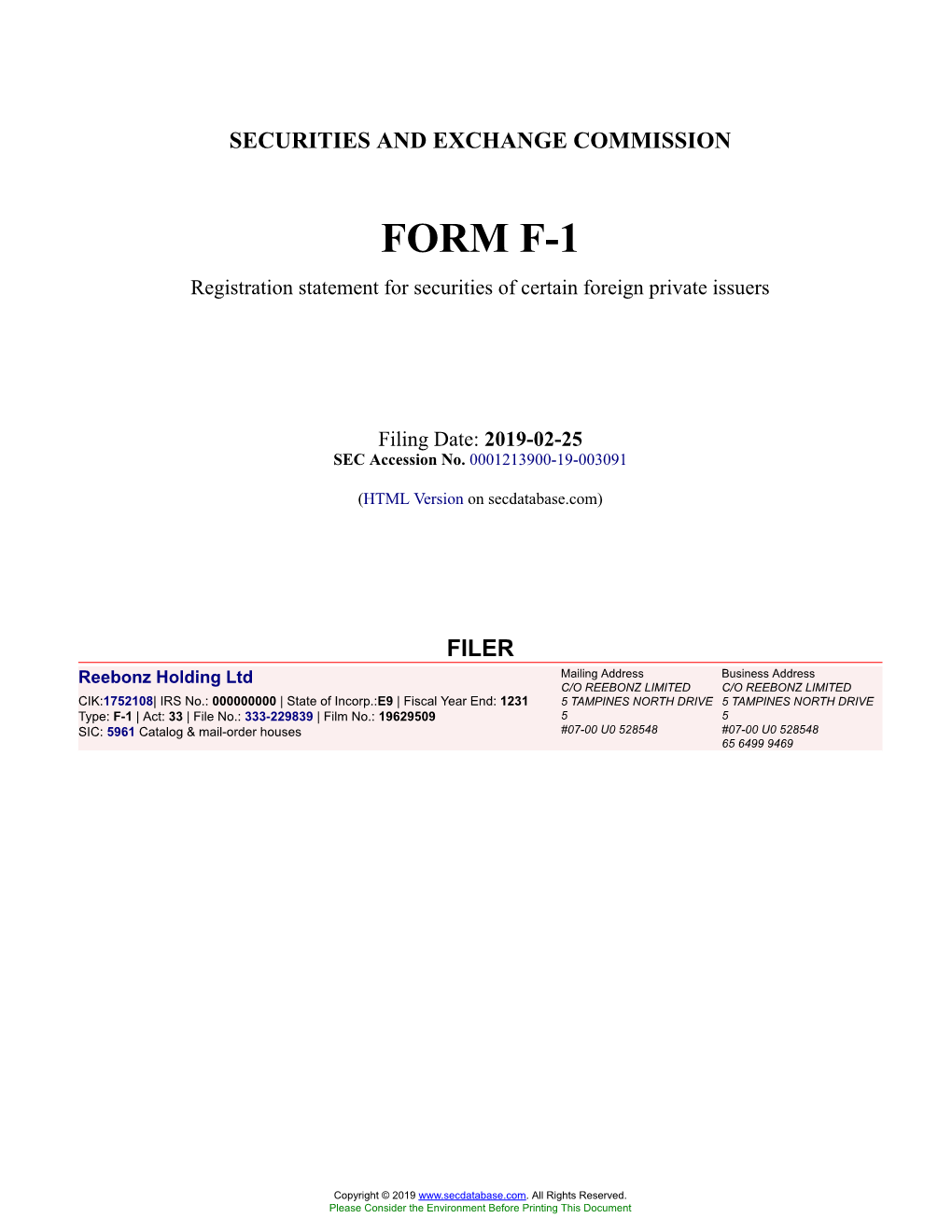 Reebonz Holding Ltd Form F-1 Filed 2019-02-25