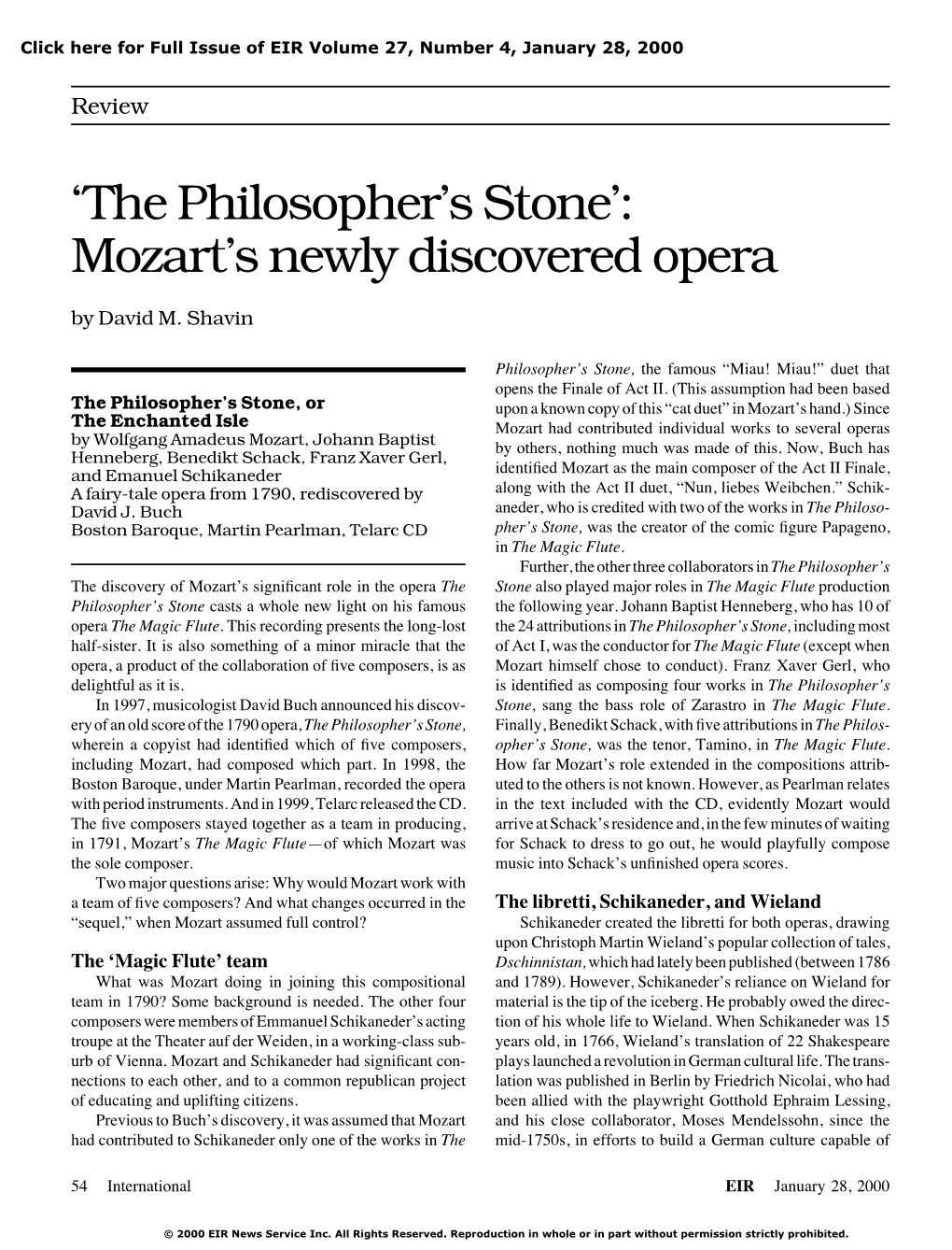 'The Philosopher's Stone': Mozart's Newly Discovered Opera