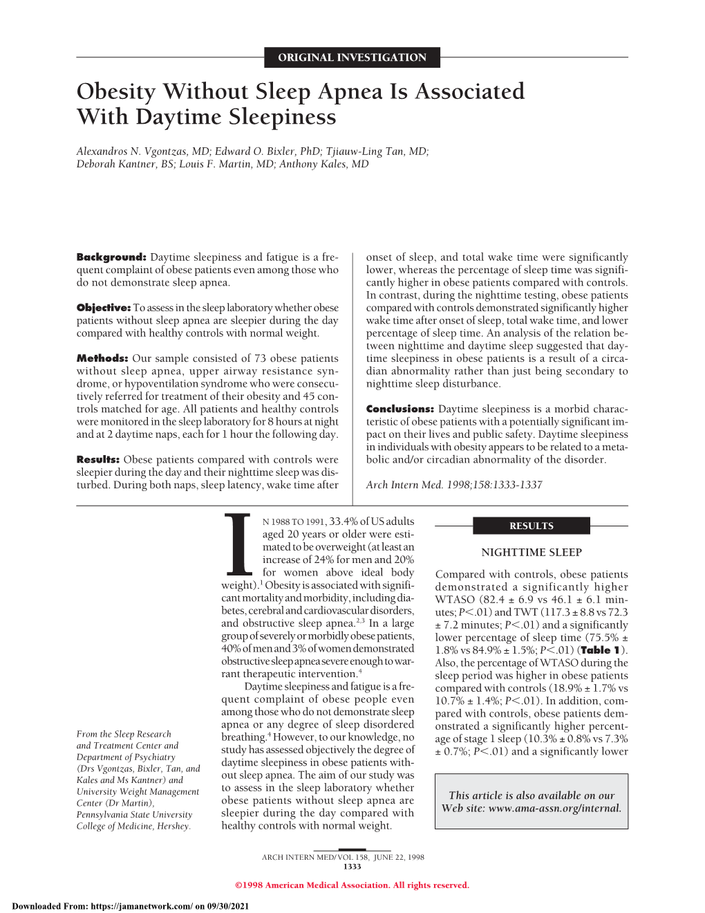 Obesity Without Sleep Apnea Is Associated with Daytime Sleepiness