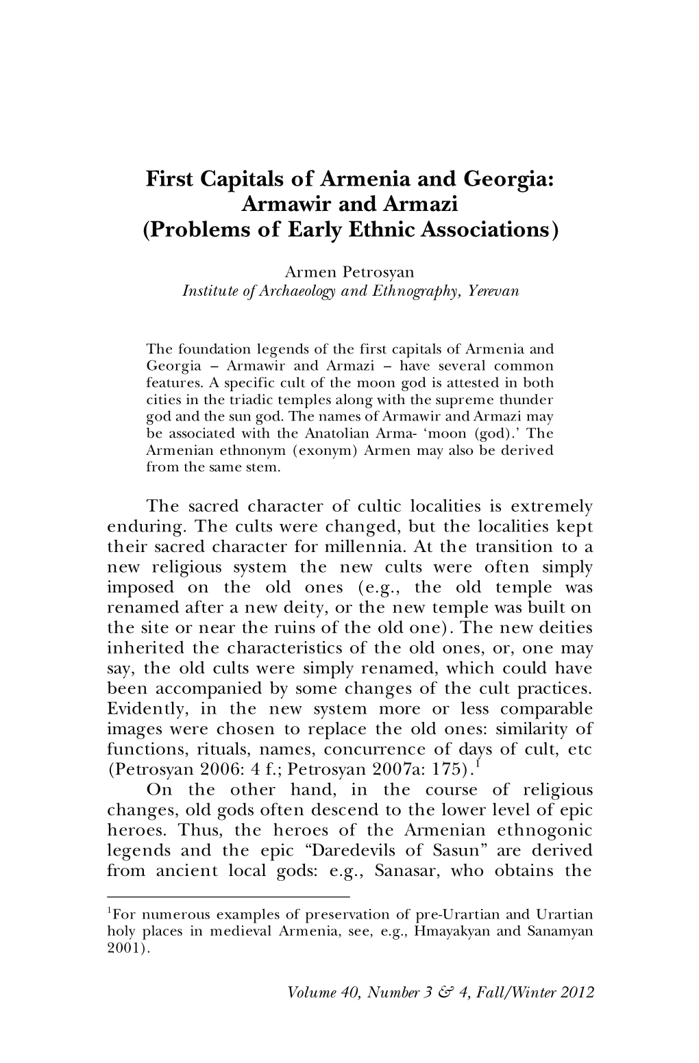 First Capitals of Armenia and Georgia: Armawir and Armazi (Problems of Early Ethnic Associations)