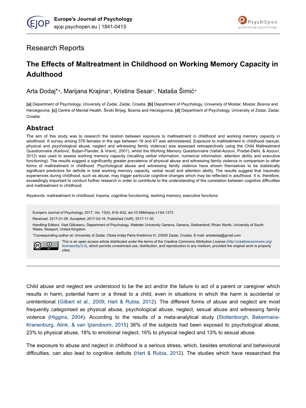 The Effects of Maltreatment in Childhood on Working Memory Capacity in Adulthood