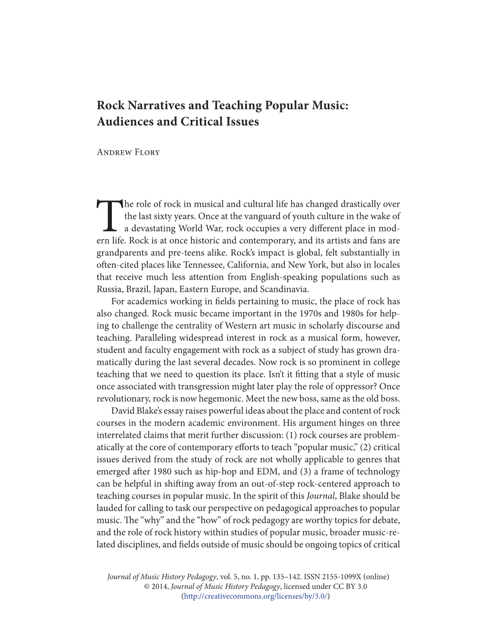 Rock Narratives and Teaching Popular Music: Audiences and Critical Issues