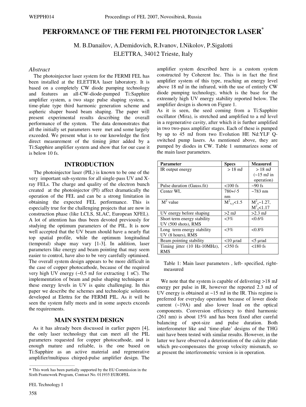 Performance of the Fermi Fel Photoinjector Laser*