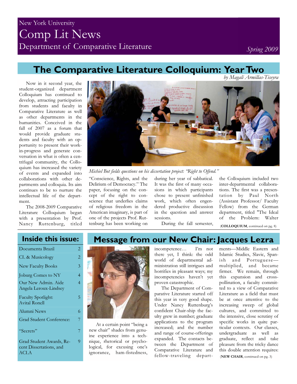 Comp Lit News Department of Comparative Literature Spring 2009