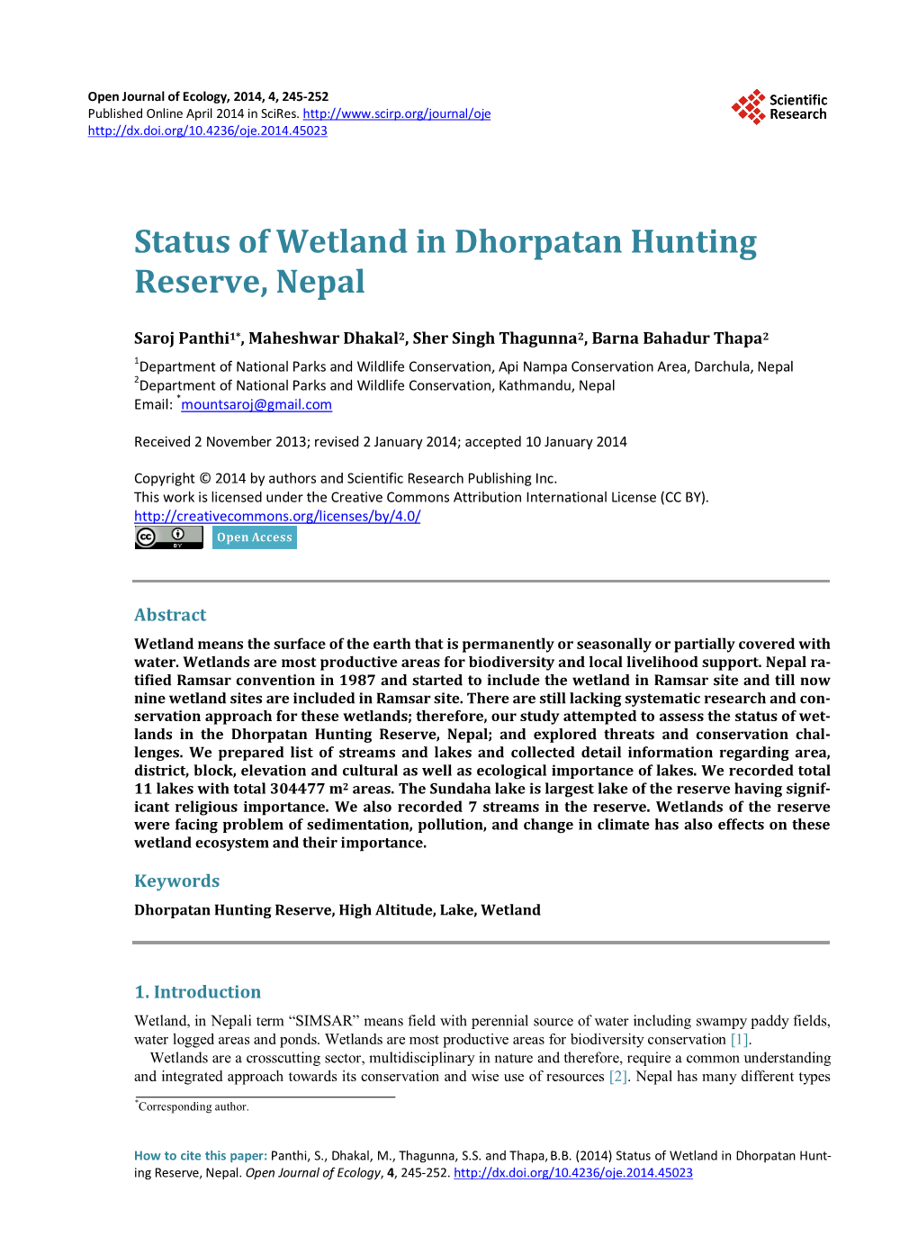 Status of Wetland in Dhorpatan Hunting Reserve, Nepal