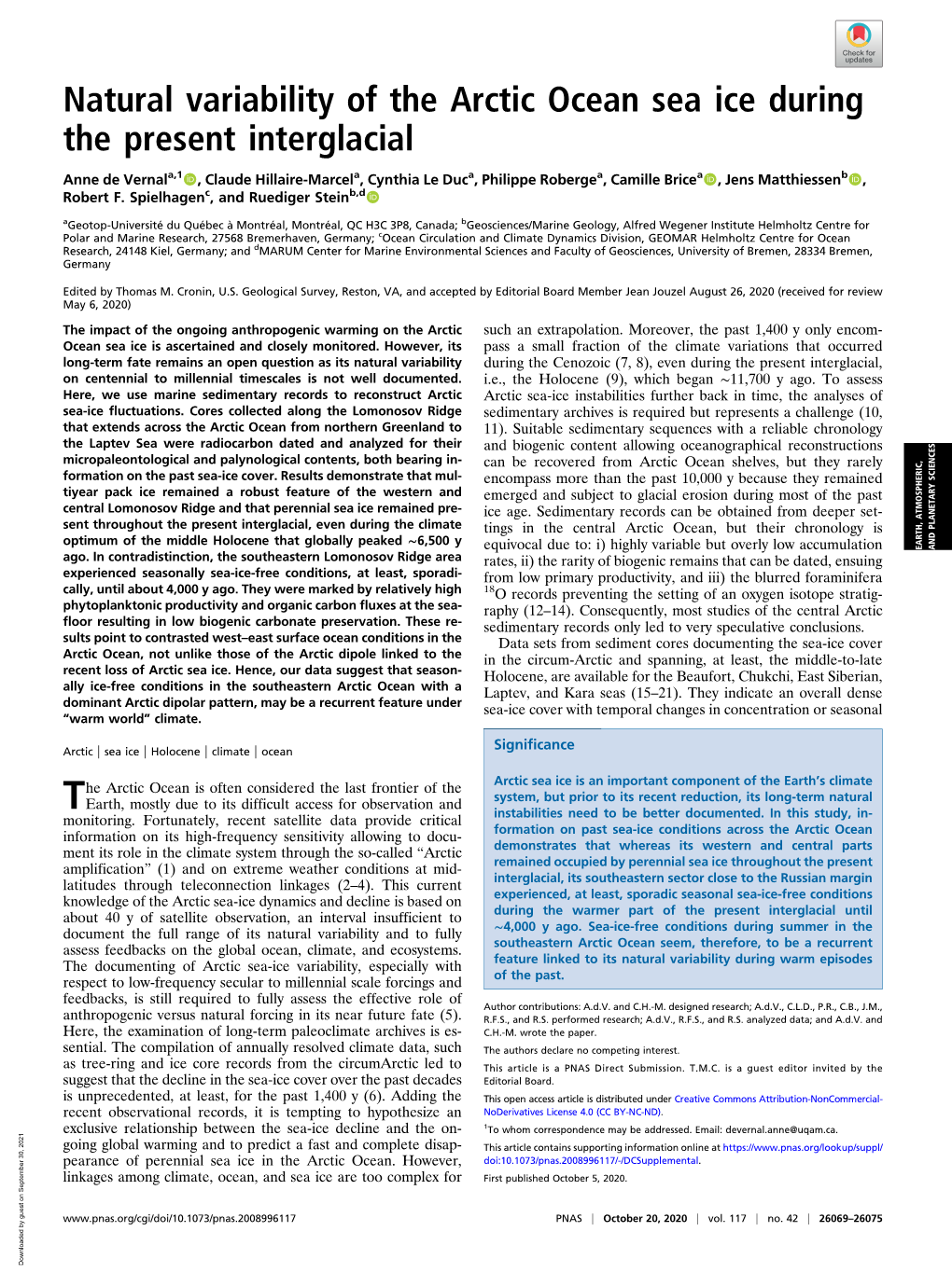 Natural Variability of the Arctic Ocean Sea Ice During the Present Interglacial