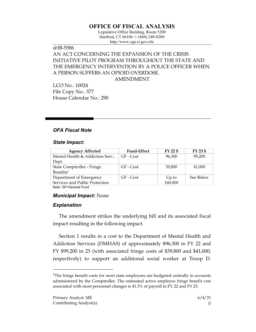 Fiscal Note for Amendment LCO 10024