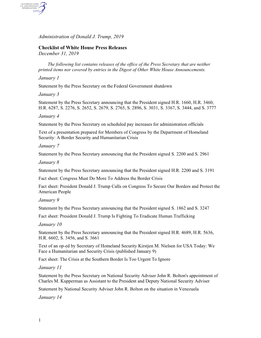 Administration of Donald J. Trump, 2019 Checklist of White House Press Releases December 31, 2019 January 1 January 3 January 4