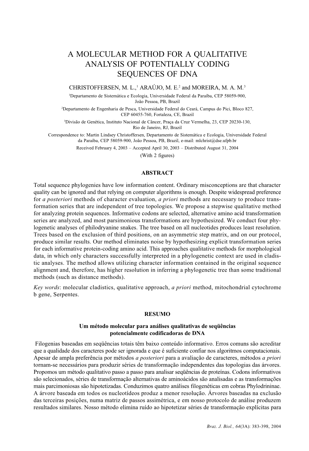 A Molecular Method for a Qualitative Analysis of Potentially Coding Sequences of Dna