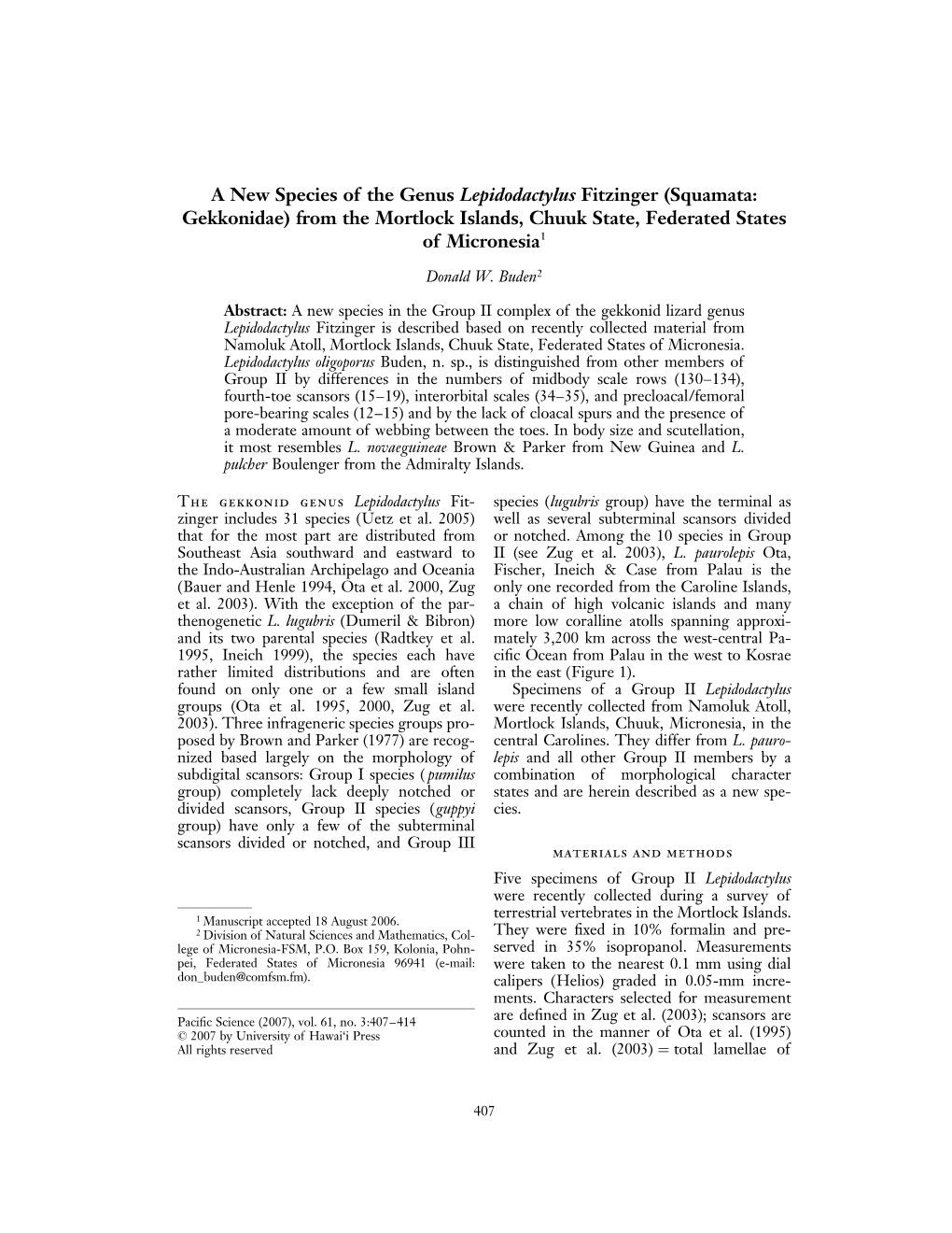 A New Species of the Genus Lepidodactylus Fitzinger (Squamata: Gekkonidae) from the Mortlock Islands, Chuuk State, Federated States of Micronesia1