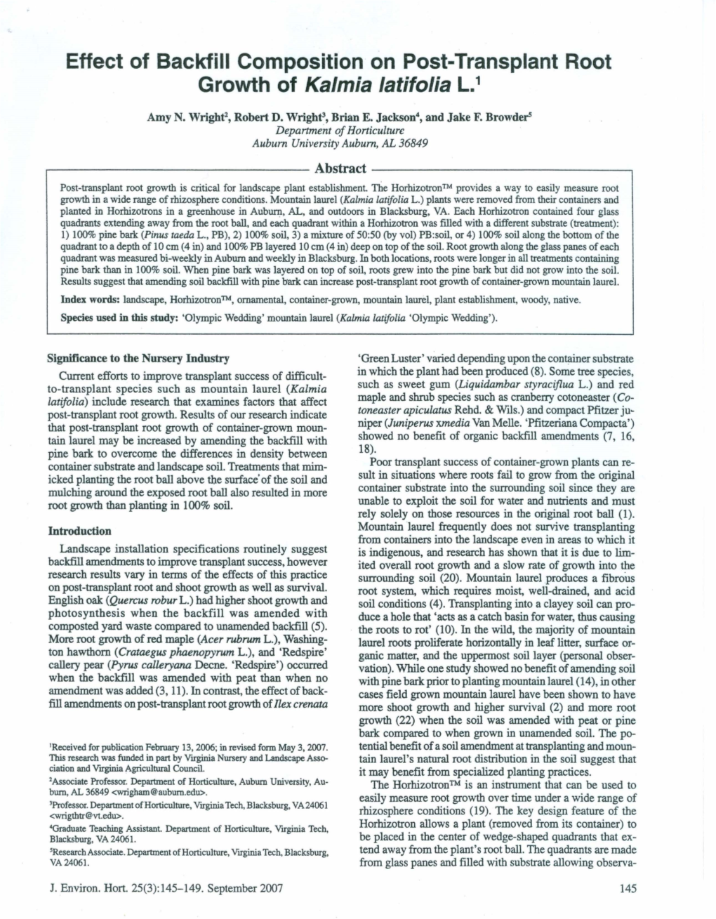 Effect of Backfill Composition on Post-Transplant Root Growth of Kalmia Latifolia L