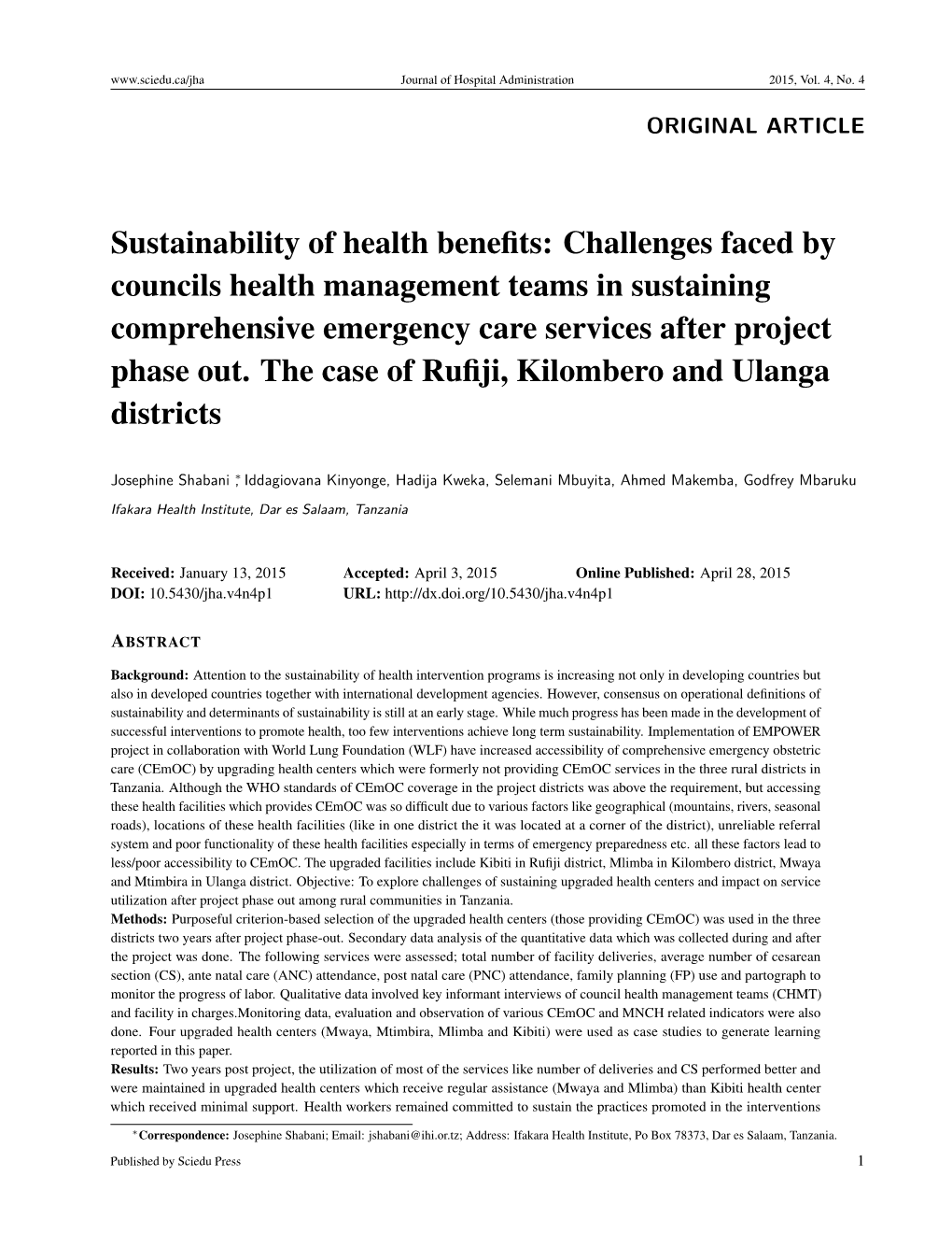 Sustainability of Health Benefits