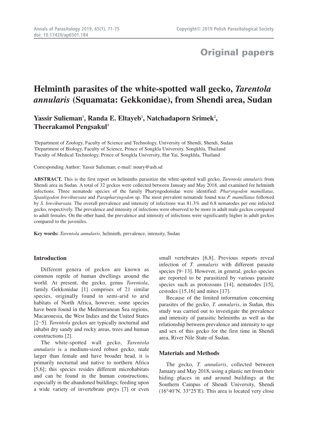 Original Papers Helminth Parasites of the White-Spotted Wall Gecko