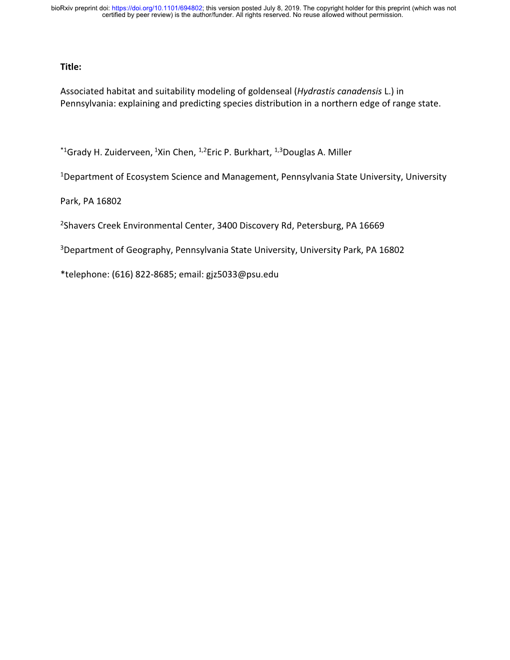 Hydrastis Canadensis L.) in Pennsylvania: Explaining and Predicting Species Distribution in a Northern Edge of Range State