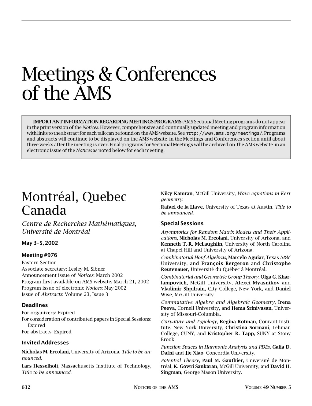 Meetings & Conferences of the AMS, Volume 49, Number 5