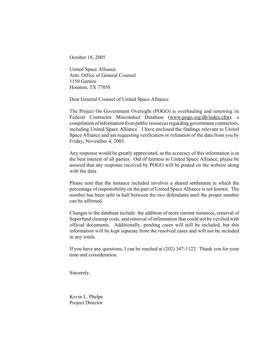 Letter to United Space Alliance