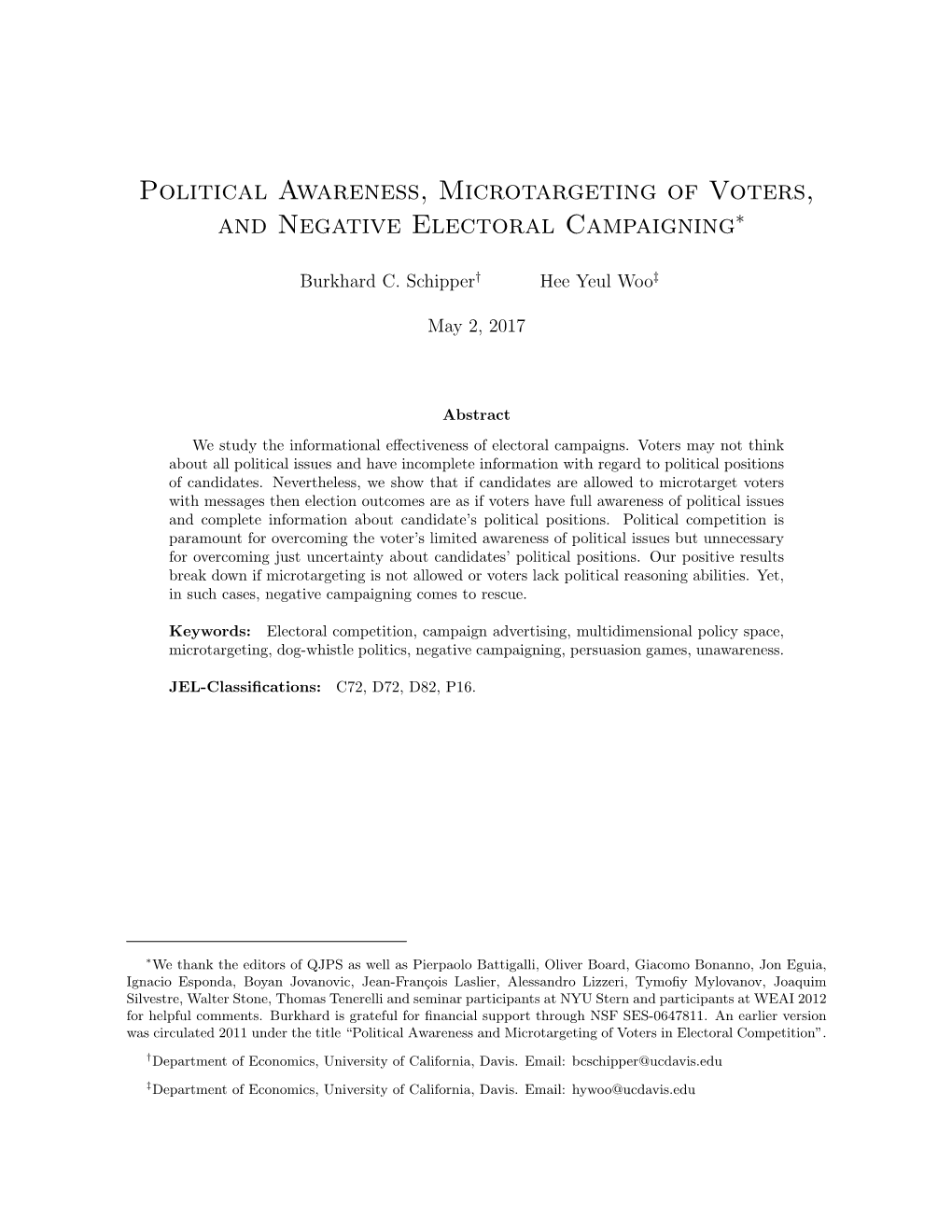 Political Awareness, Microtargeting of Voters, and Negative Electoral Campaigning∗