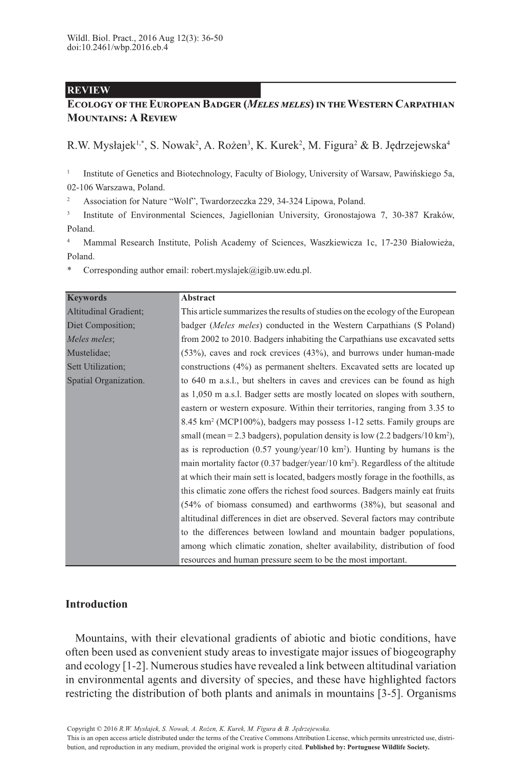 Ecology of the European Badger (Meles Meles) in the Western Carpathian Mountains: a Review