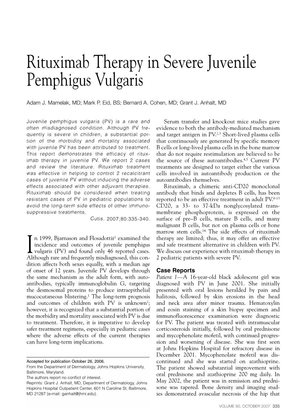 Rituximab Therapy in Severe Juvenile Pemphigus Vulgaris